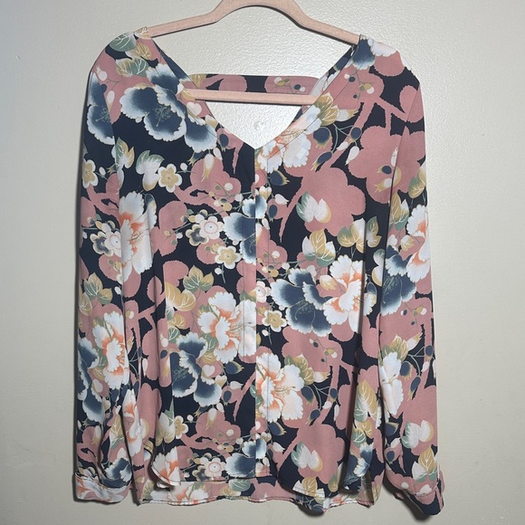 LOFT Tops - Loft Navy‎ Pink Floral Printed Career Top | Medium